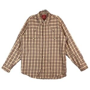 Lucky Brand Mens L Shirt Vintage Pearl Snap Western Cowboy Brown Plaid 90s Y2K